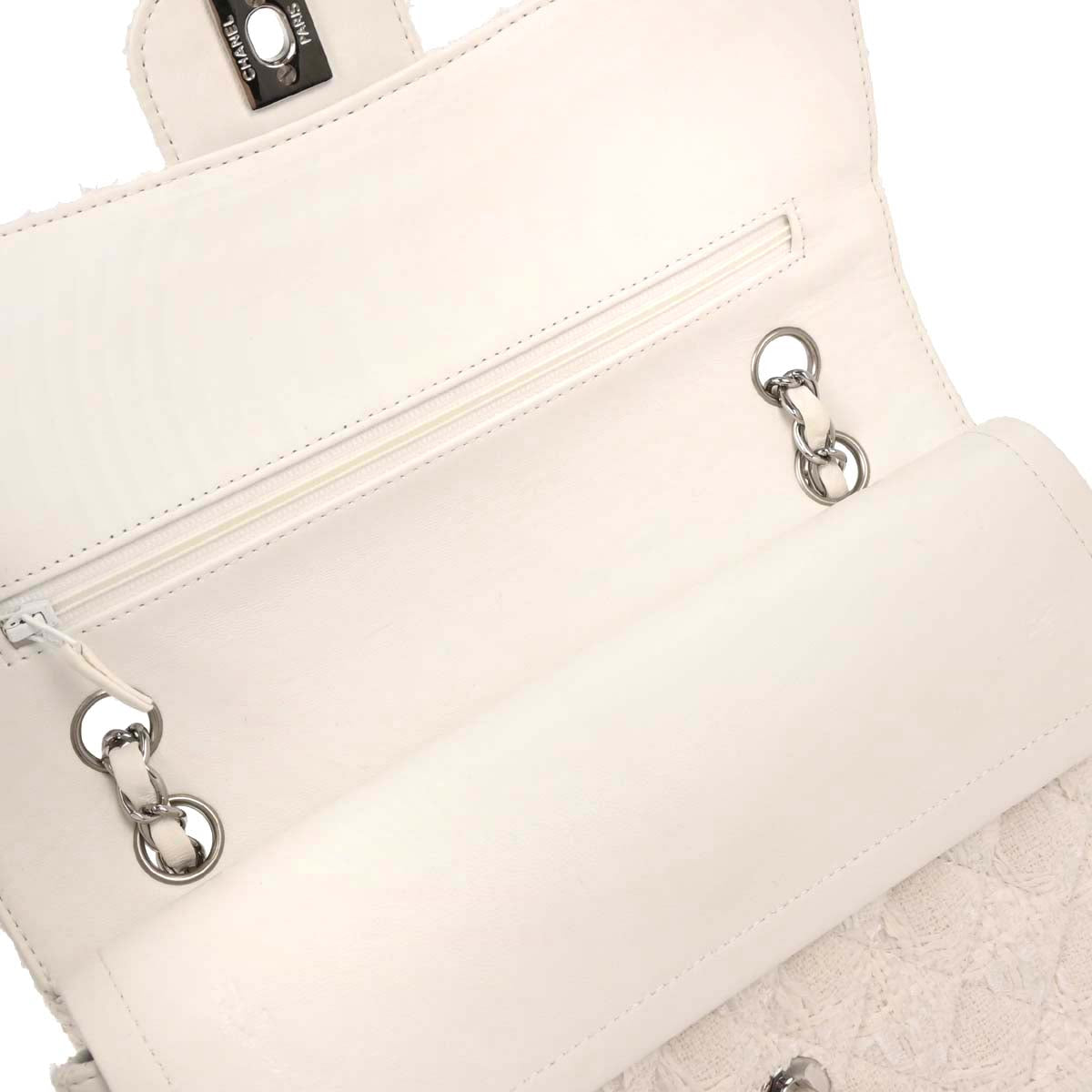 Chanel 2004-2005 White Tweed Medium Classic Double Flap Shoulder Bag