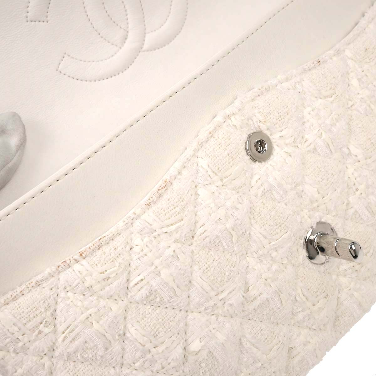 Chanel 2004-2005 White Tweed Medium Classic Double Flap Shoulder Bag