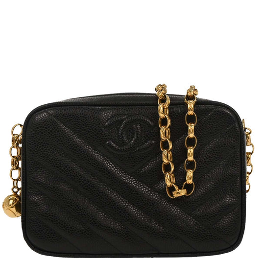 Chanel 1991-1994 Black Caviar Bias Stitch Camera Bag Mini