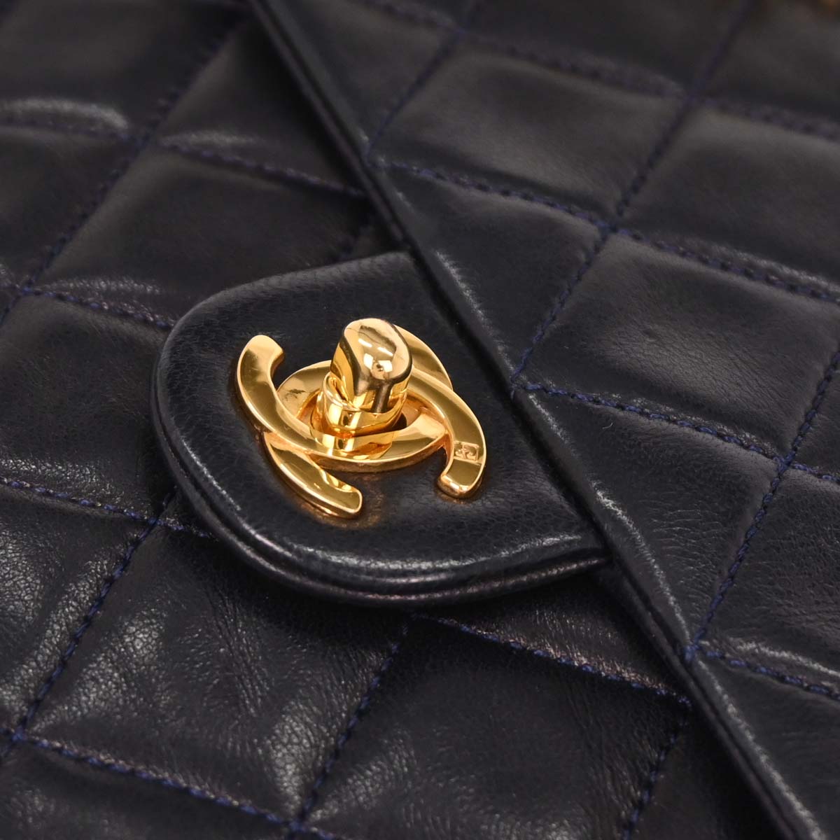 Chanel 1989-1991 Navy Lambskin Classic Square Flap Shoulder Bag