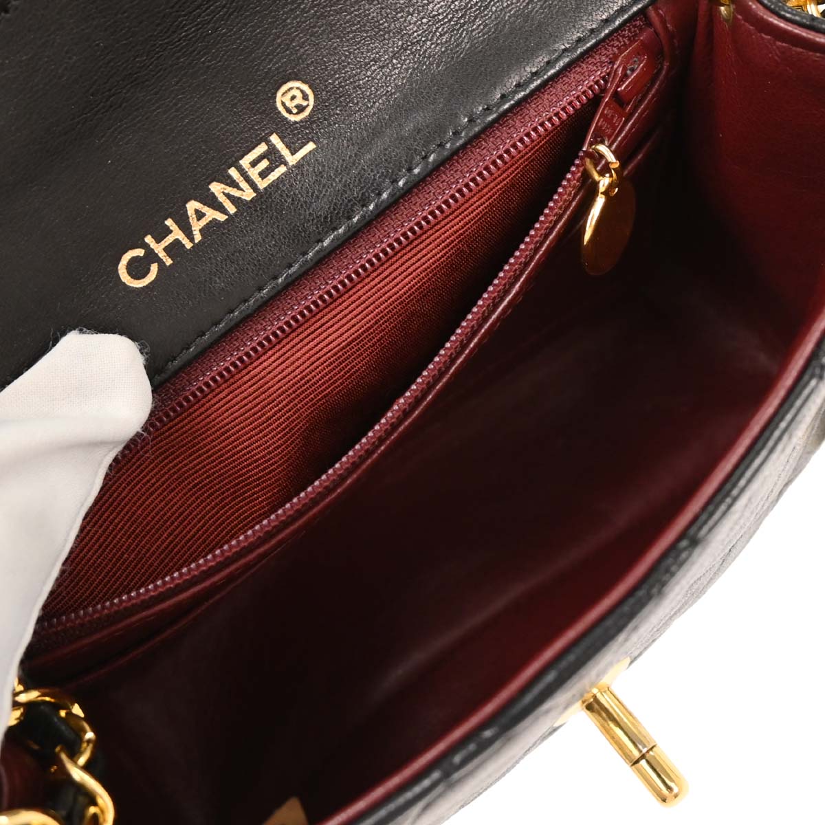 Chanel 1989-1991 Black Lambskin Mini Classic Square Flap Shoulder Bag