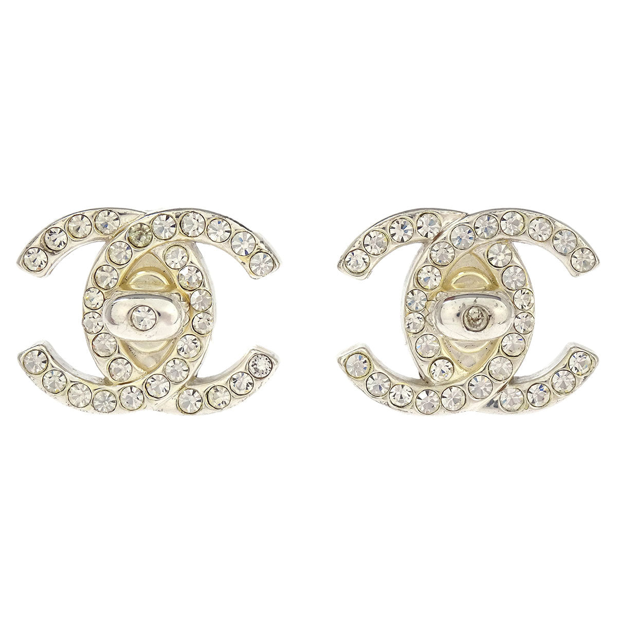 Chanel Turnlock Earrings Clip-On Silver Rhinestone 97P