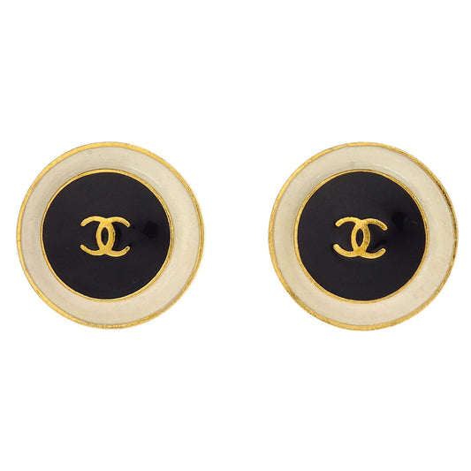 Chanel Button Earrings Clip-On Gold White Black 96P