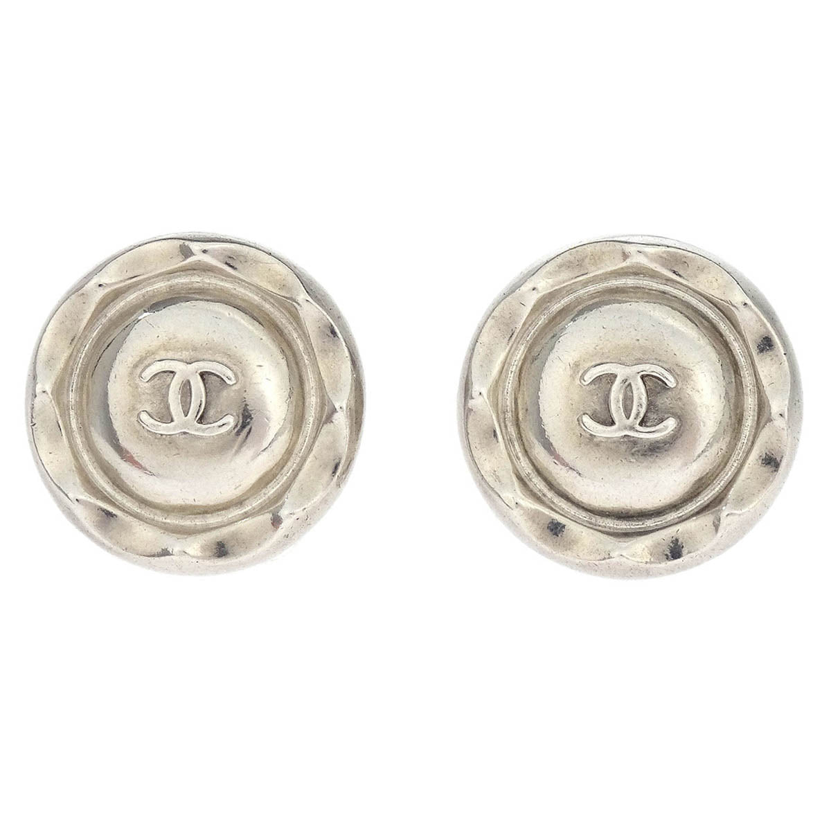 Chanel Button Earrings Clip-On Silver 96P
