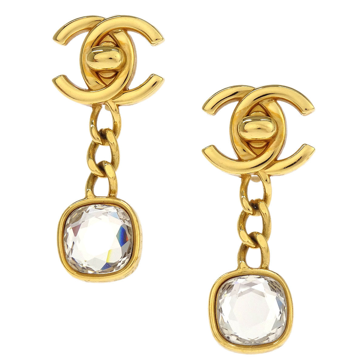Chanel Turnlock Dangle Earrings Clip-On Gold Rhinestone 97A