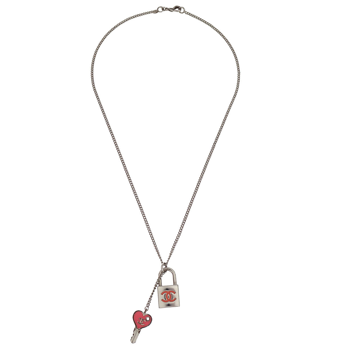 Chanel Padlock Key Pendant Necklace Silver Pink 07P