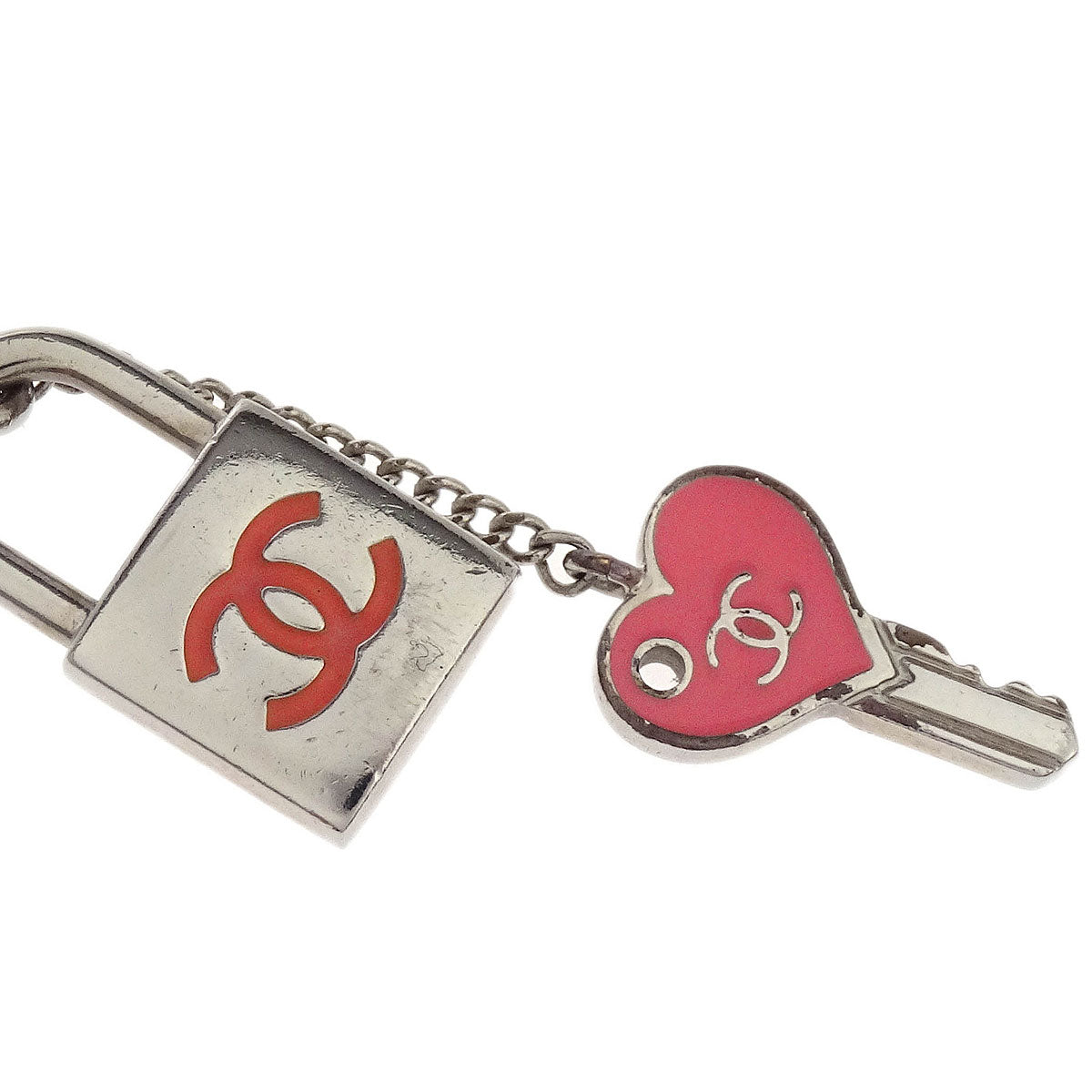 Chanel Padlock Key Pendant Necklace Silver Pink 07P