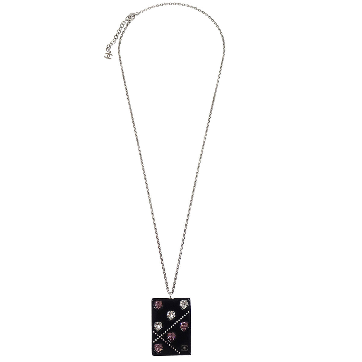 Chanel Silver Acrylic Rectangle Pendant Necklace Rhinestone 04A