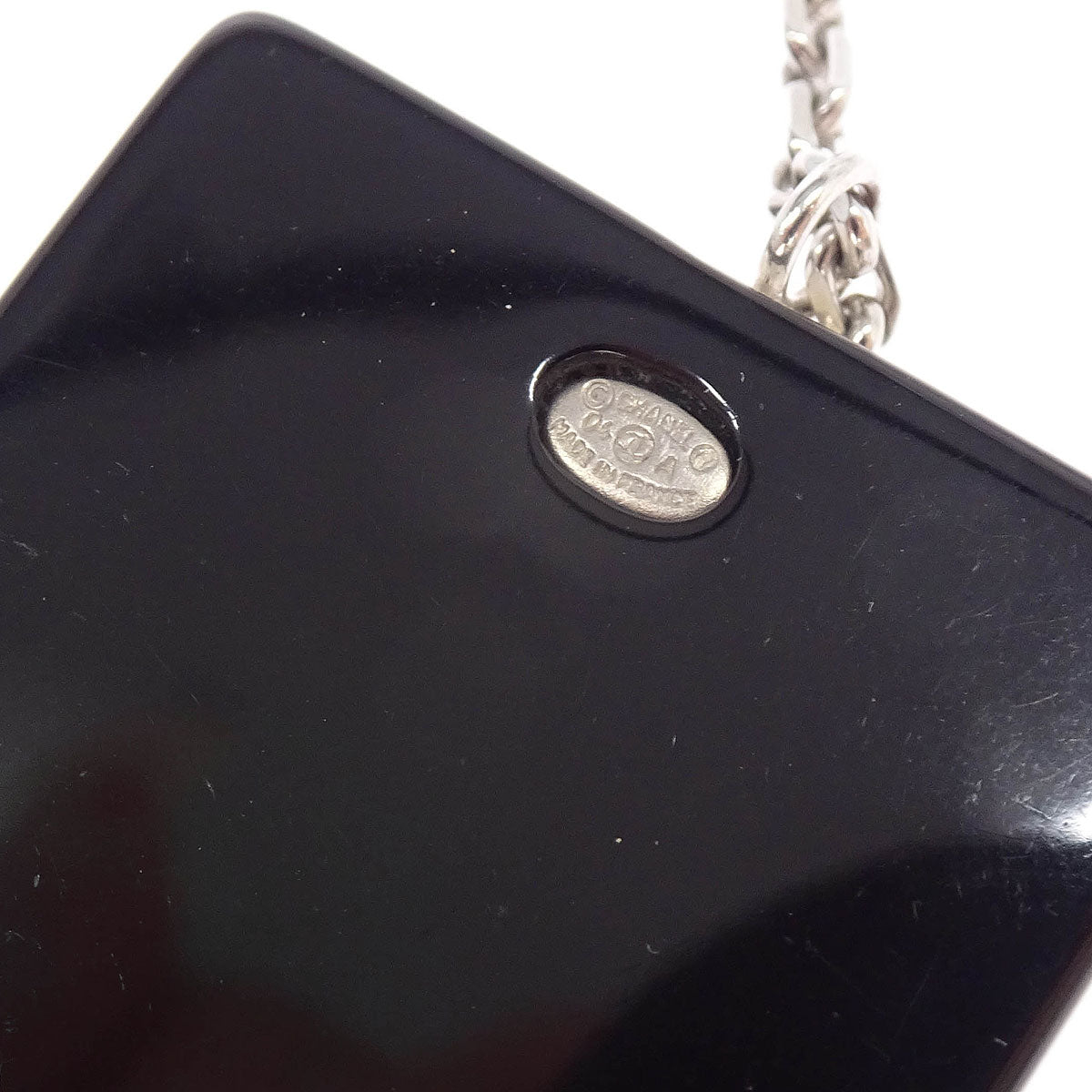 Chanel Silver Acrylic Rectangle Pendant Necklace Rhinestone 04A