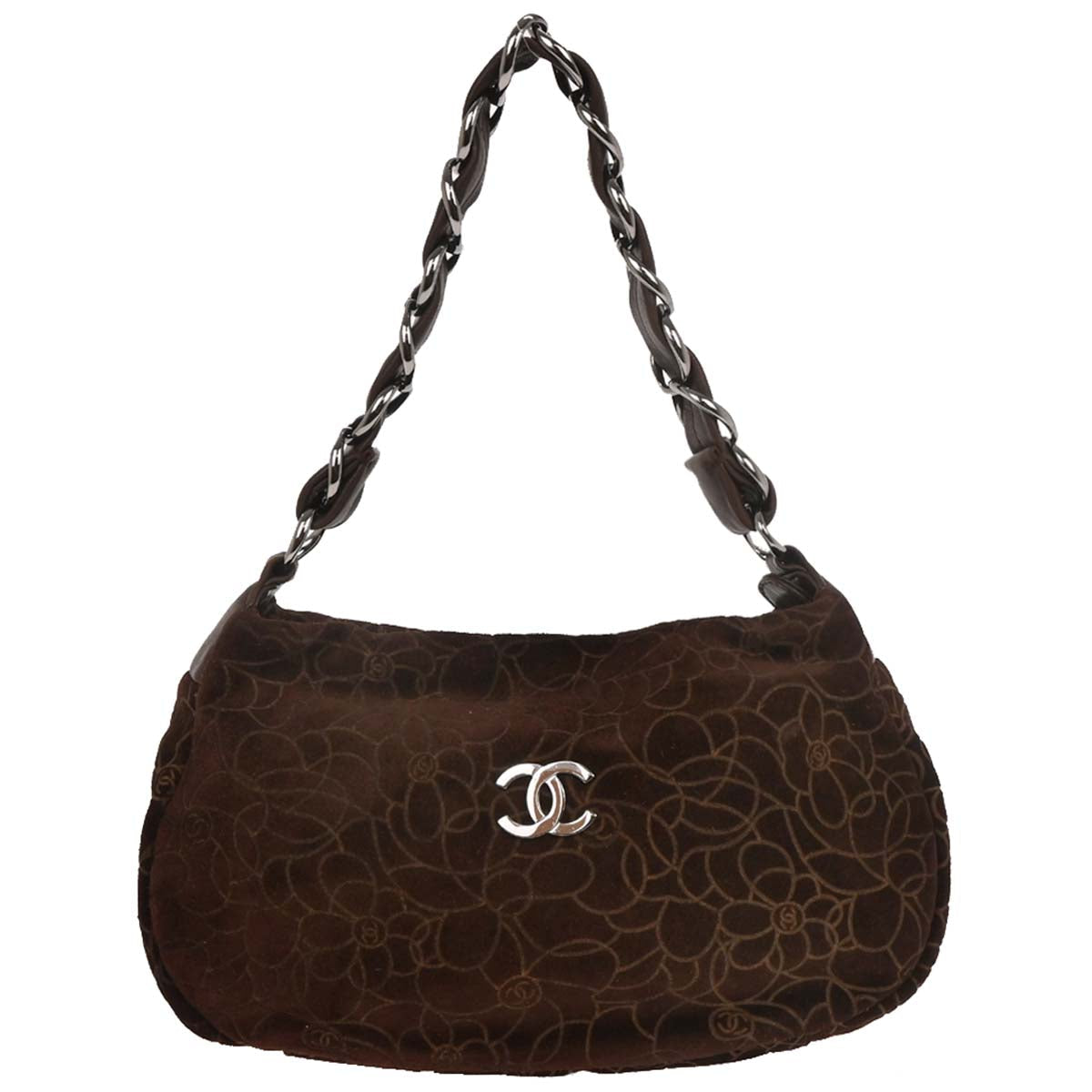 Chanel Brown Suede Camellia Shoulder Bag