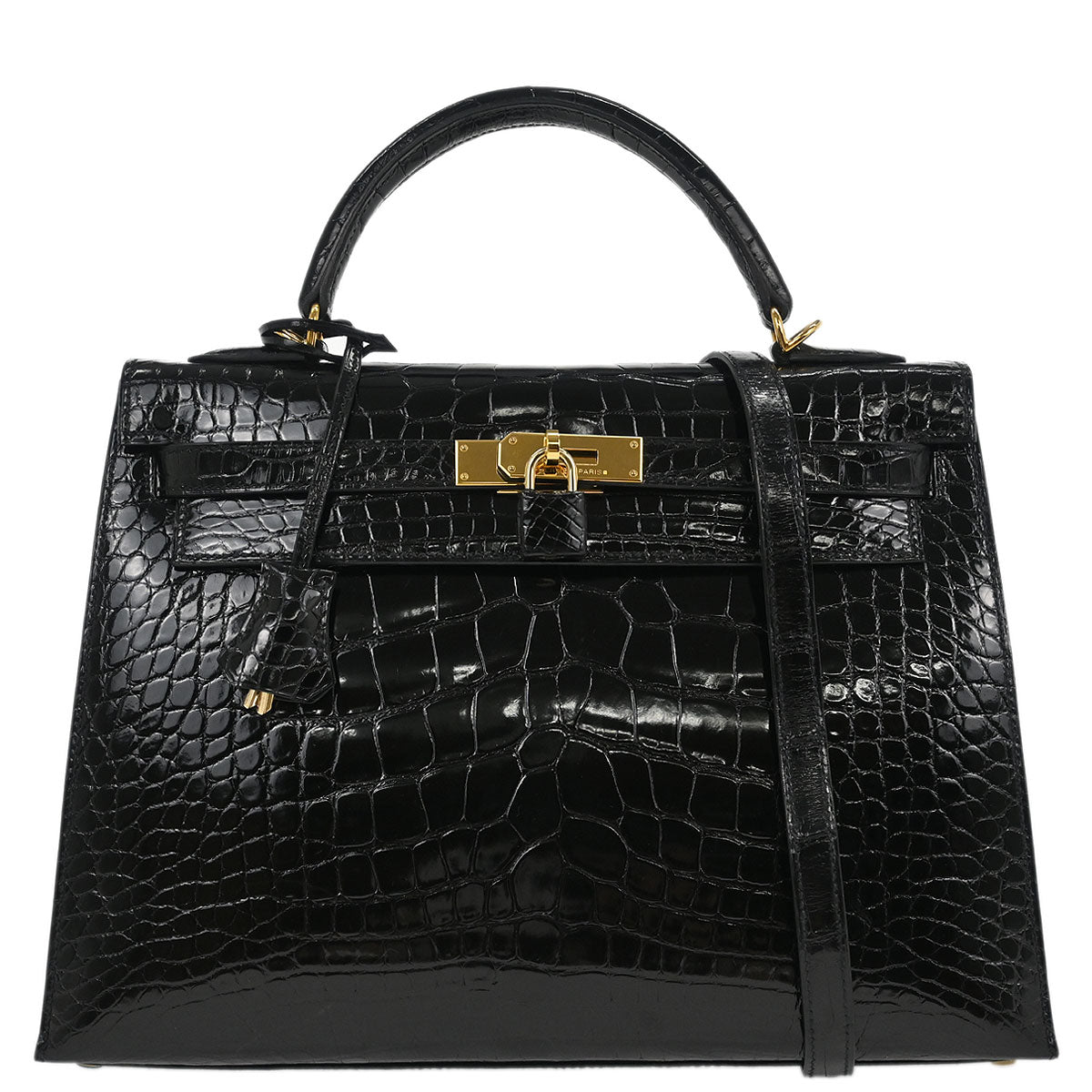 Hermes * Black Alligator Kelly 32 Sellier Handbag