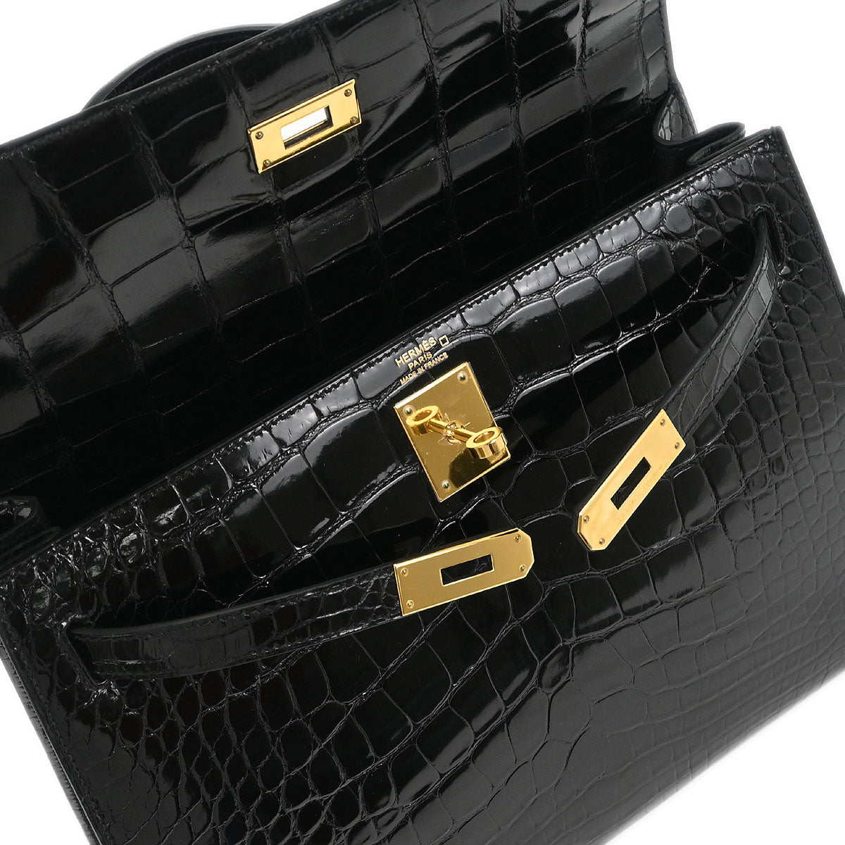 Hermes * Black Alligator Kelly 32 Sellier Handbag