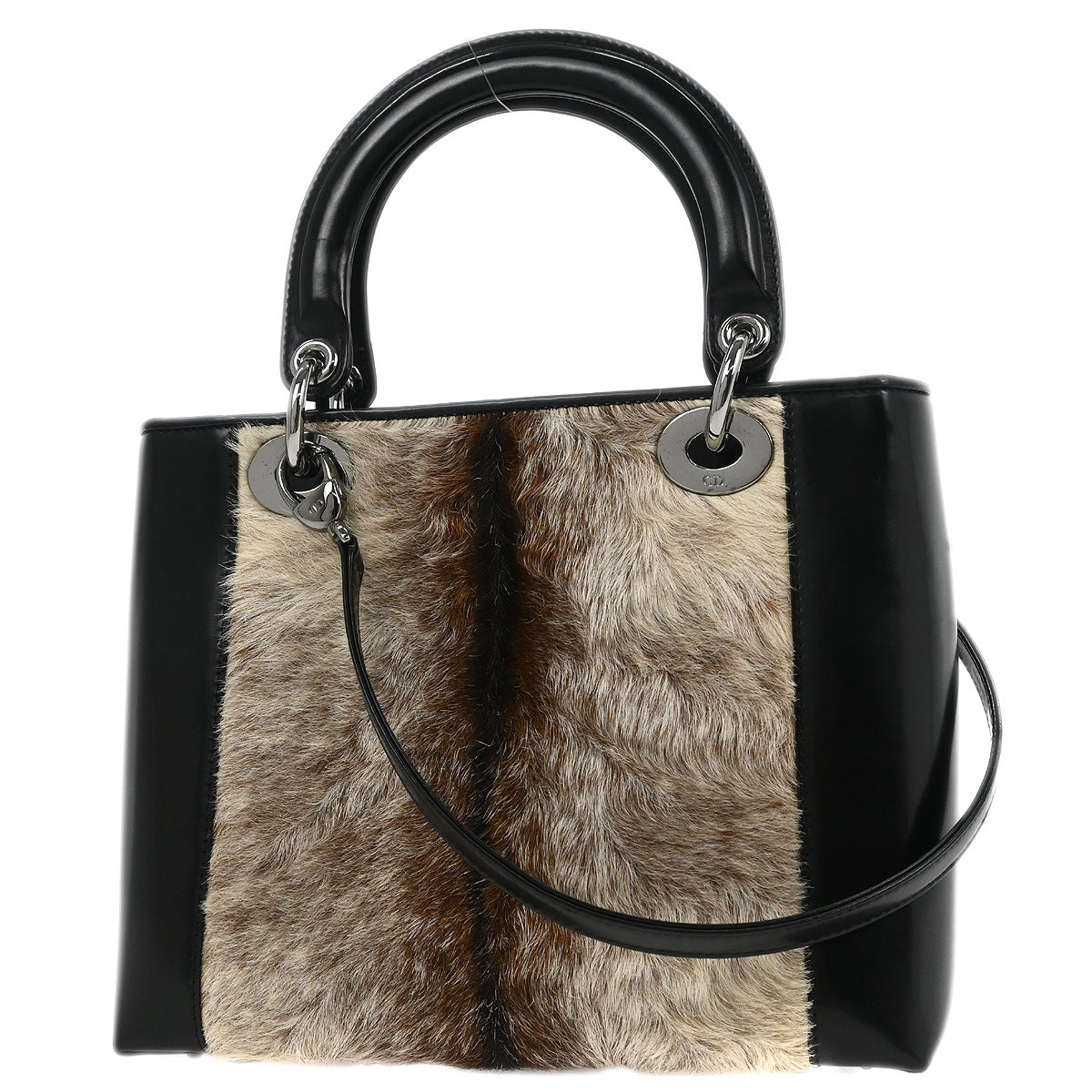 Christian Dior * Black Fur Medium Lady Dior 2way Shoulder Handbag