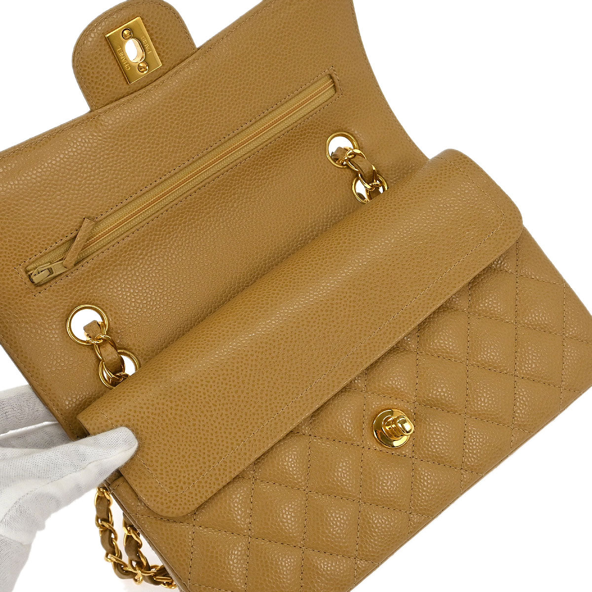 Chanel Beige Caviar Small Classic Double Flap Shoulder Bag