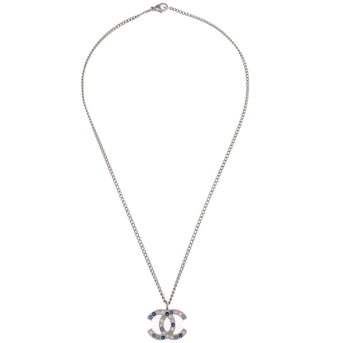 Chanel CC Chain Necklace Pendant Rhinestone Silver 07C
