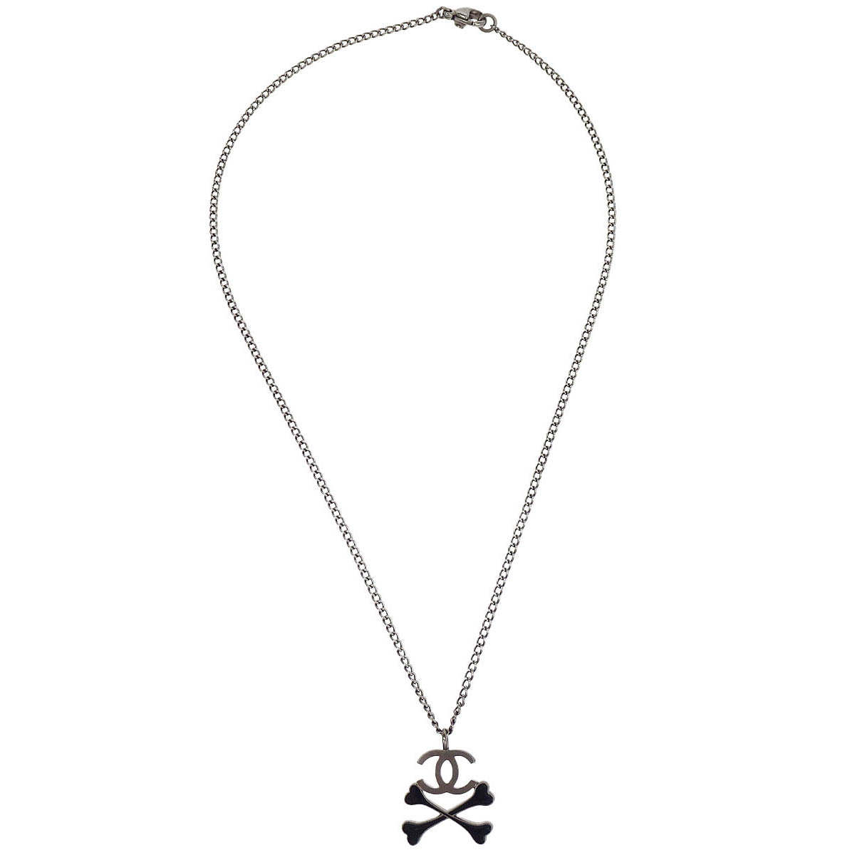 Chanel CC Crossbones Pendant Necklace Silver Black 03P