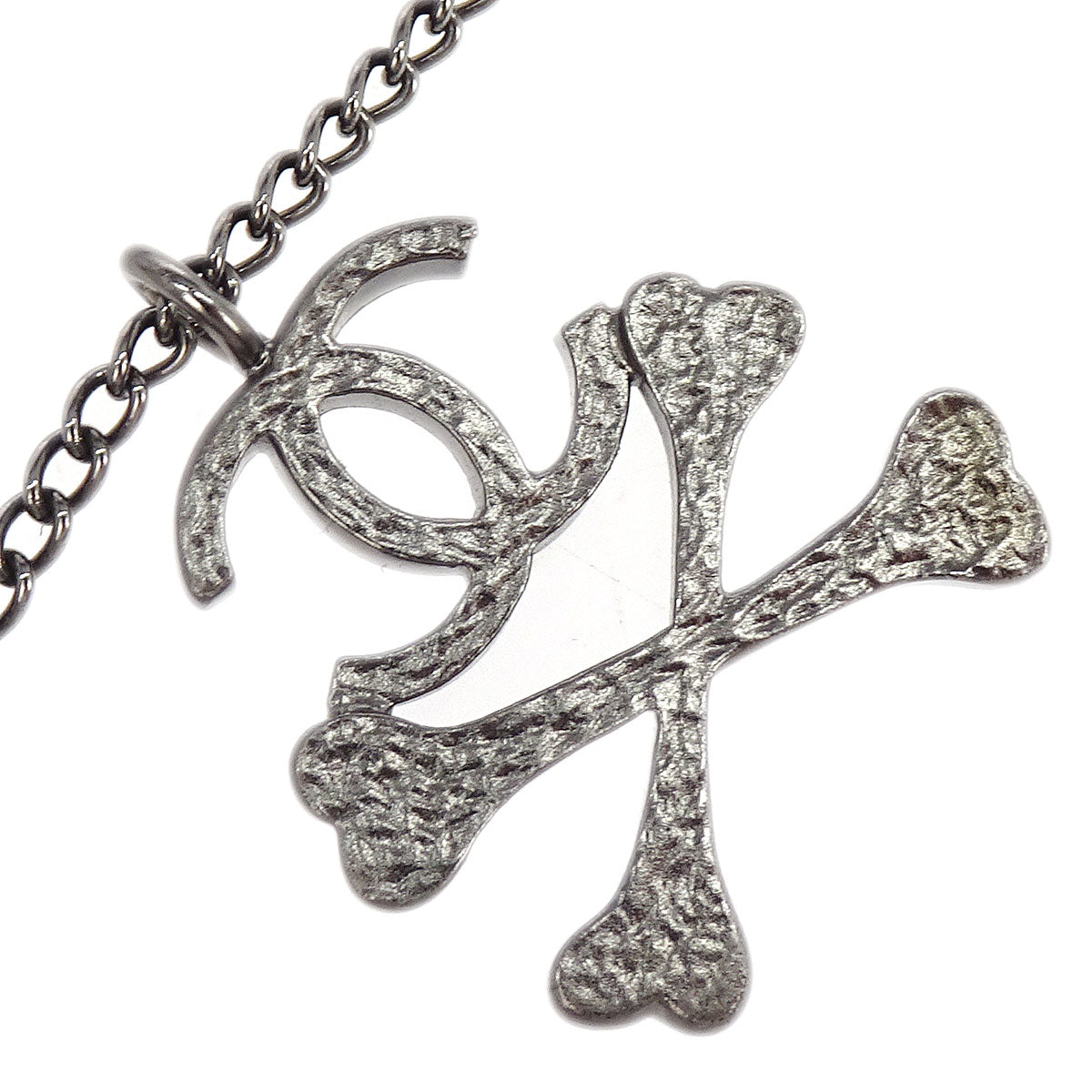 Chanel CC Crossbones Pendant Necklace Silver Black 03P