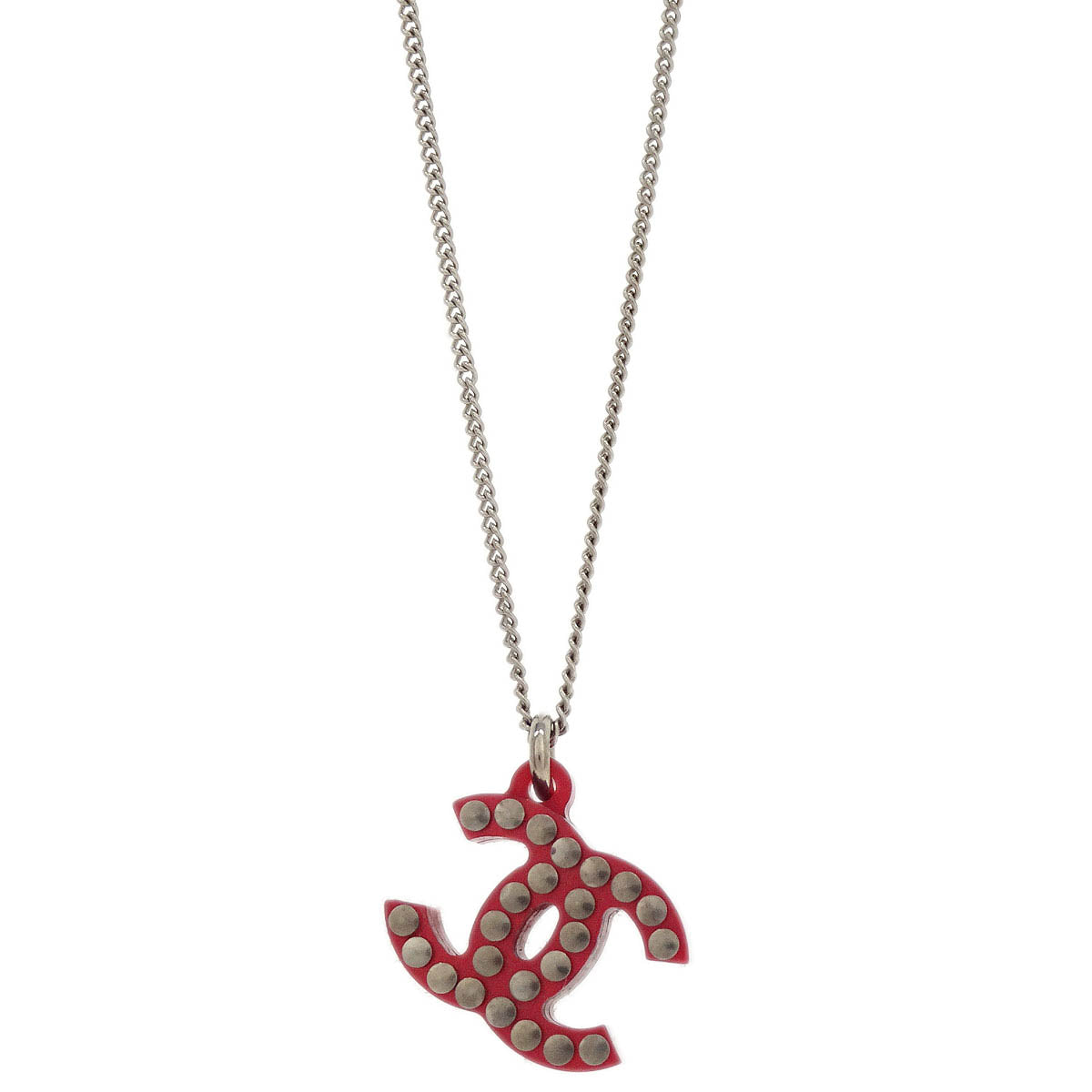 Chanel CC Chain Pendant Necklace Acrylic Silver Red 05P