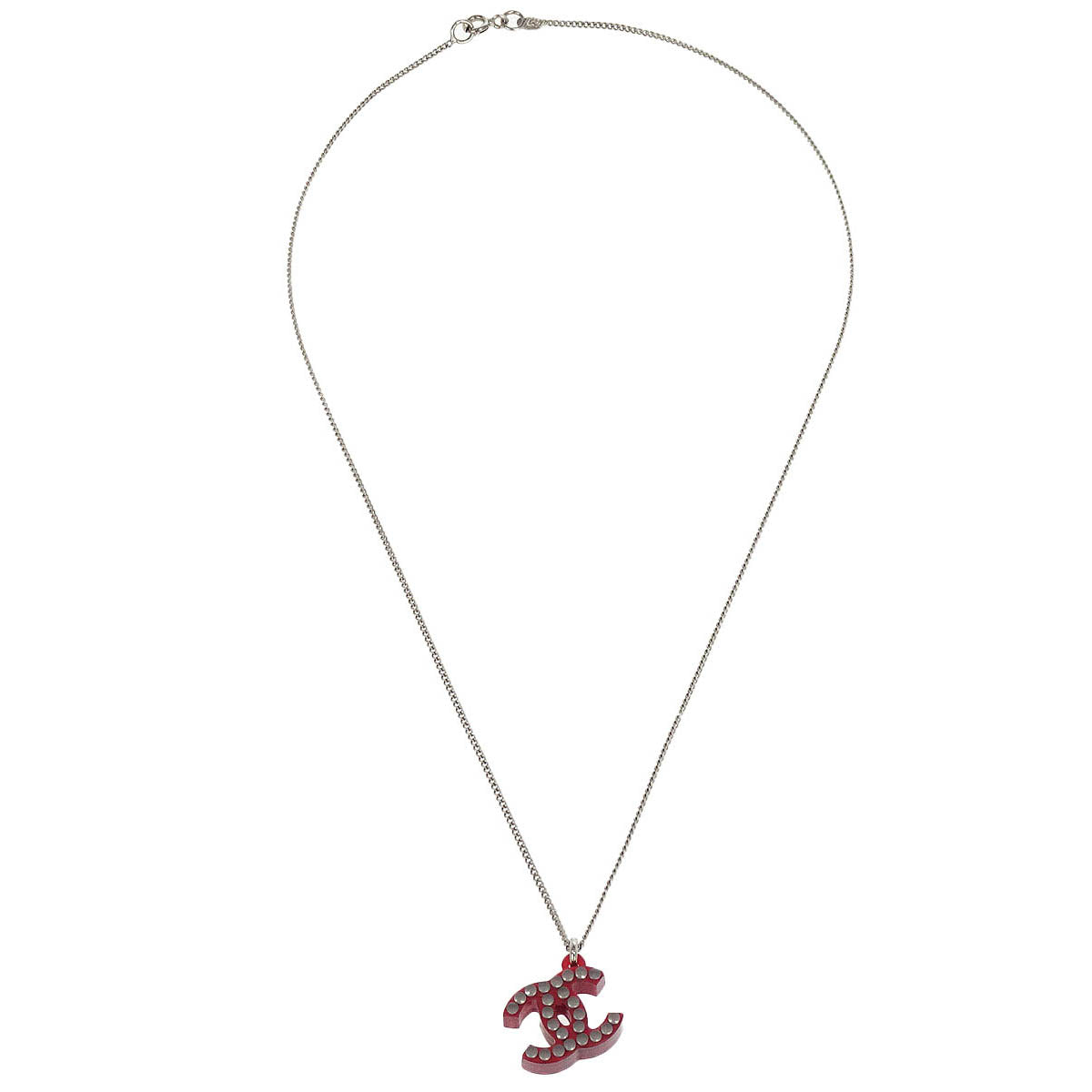 Chanel CC Chain Pendant Necklace Acrylic Silver Red 05P