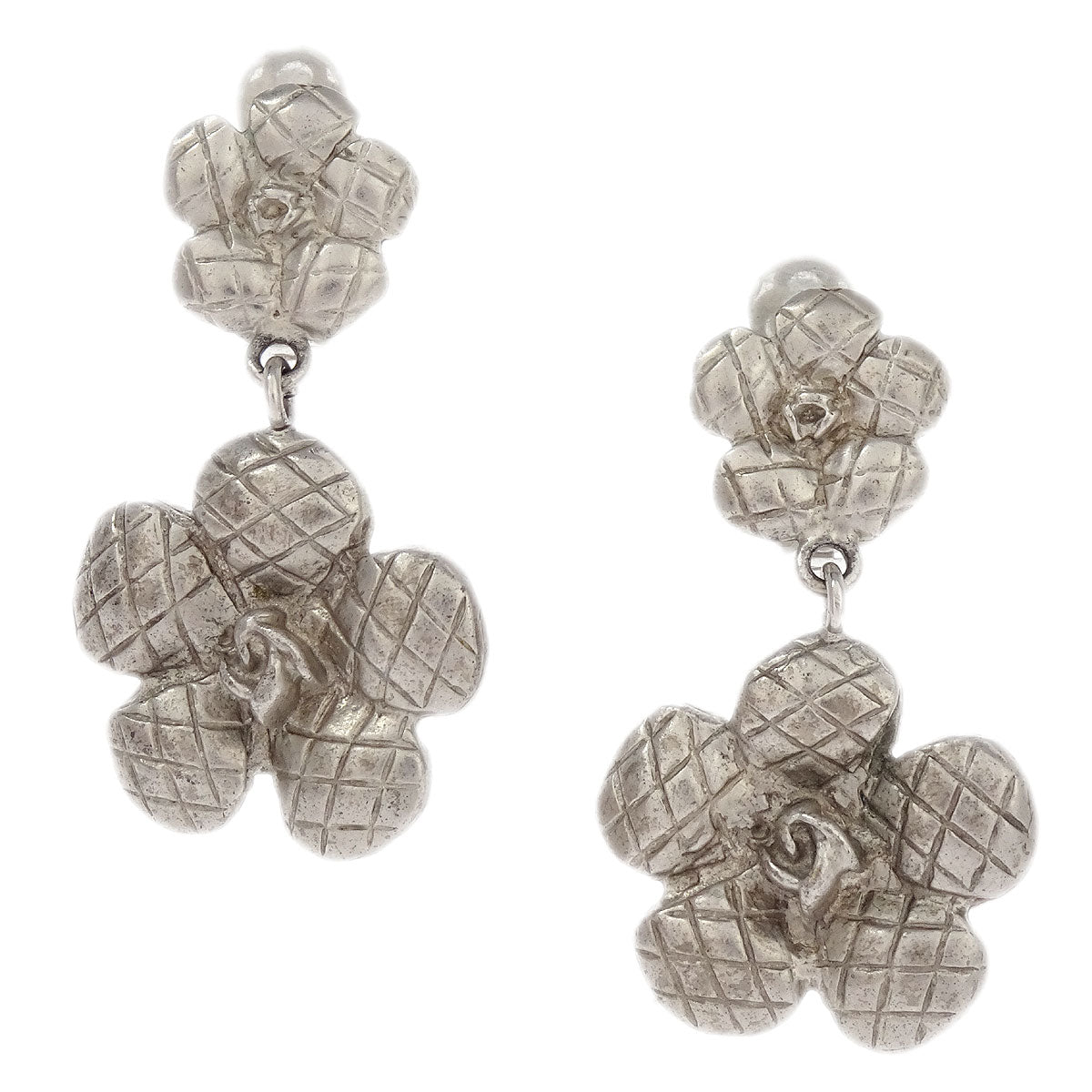 Chanel Flower Dangle Earrings Clip-On Silver 98A