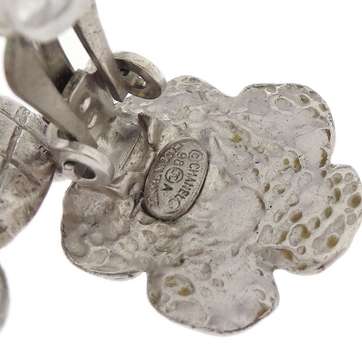 Chanel Flower Dangle Earrings Clip-On Silver 98A