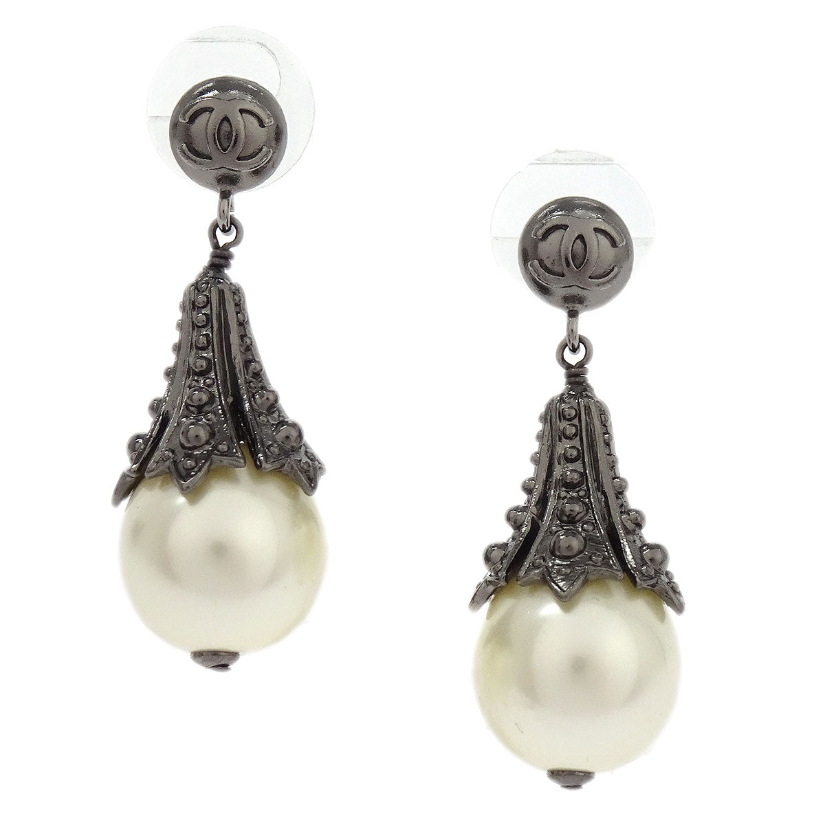 Chanel Costume Pearl Silver Dangle Piercing Earrings 03P