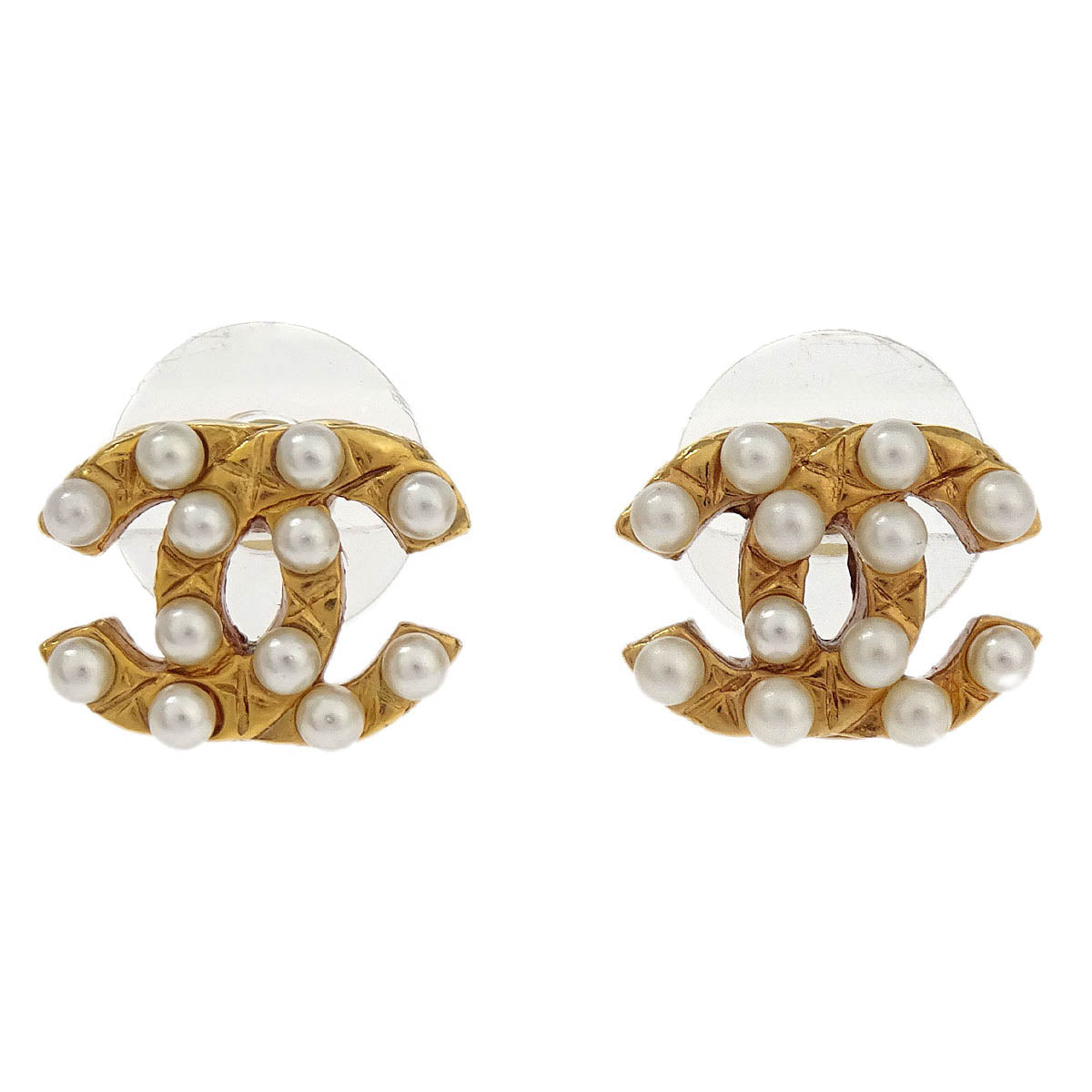 Chanel Piercing Earrings Gold CC Costume Pearl 03A