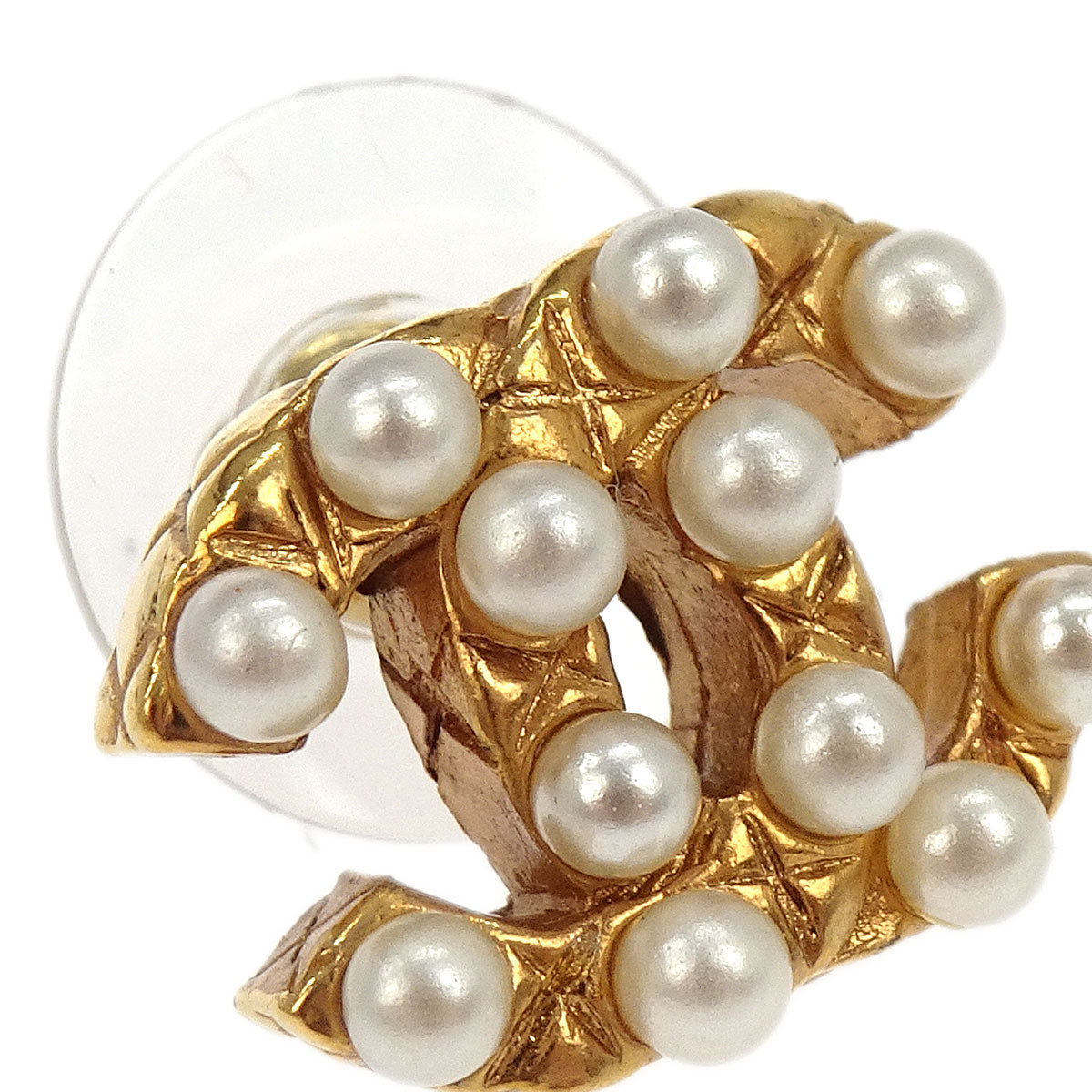 Chanel Piercing Earrings Gold CC Costume Pearl 03A