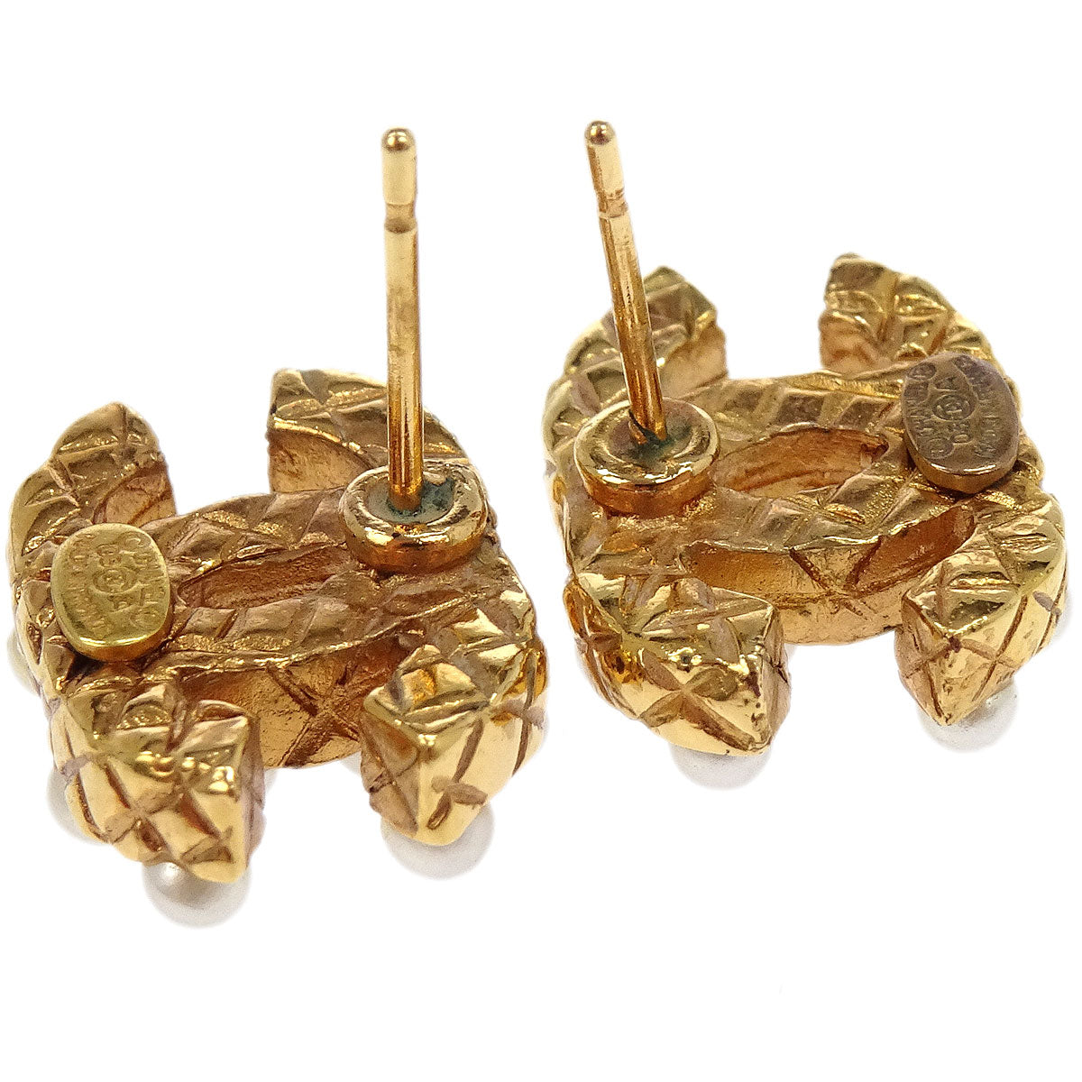 Chanel Piercing Earrings Gold CC Costume Pearl 03A