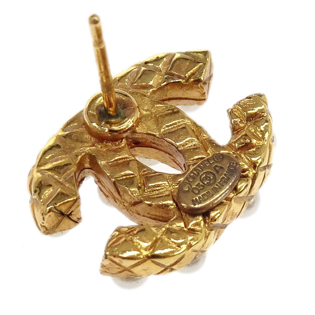 Chanel Piercing Earrings Gold CC Costume Pearl 03A