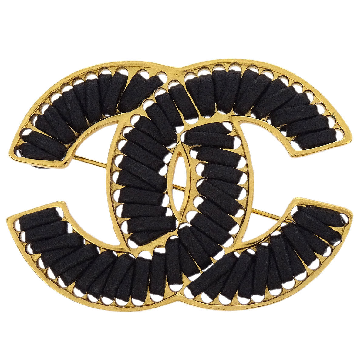 Chanel CC Brooch Pin Black Gold Leather 03P