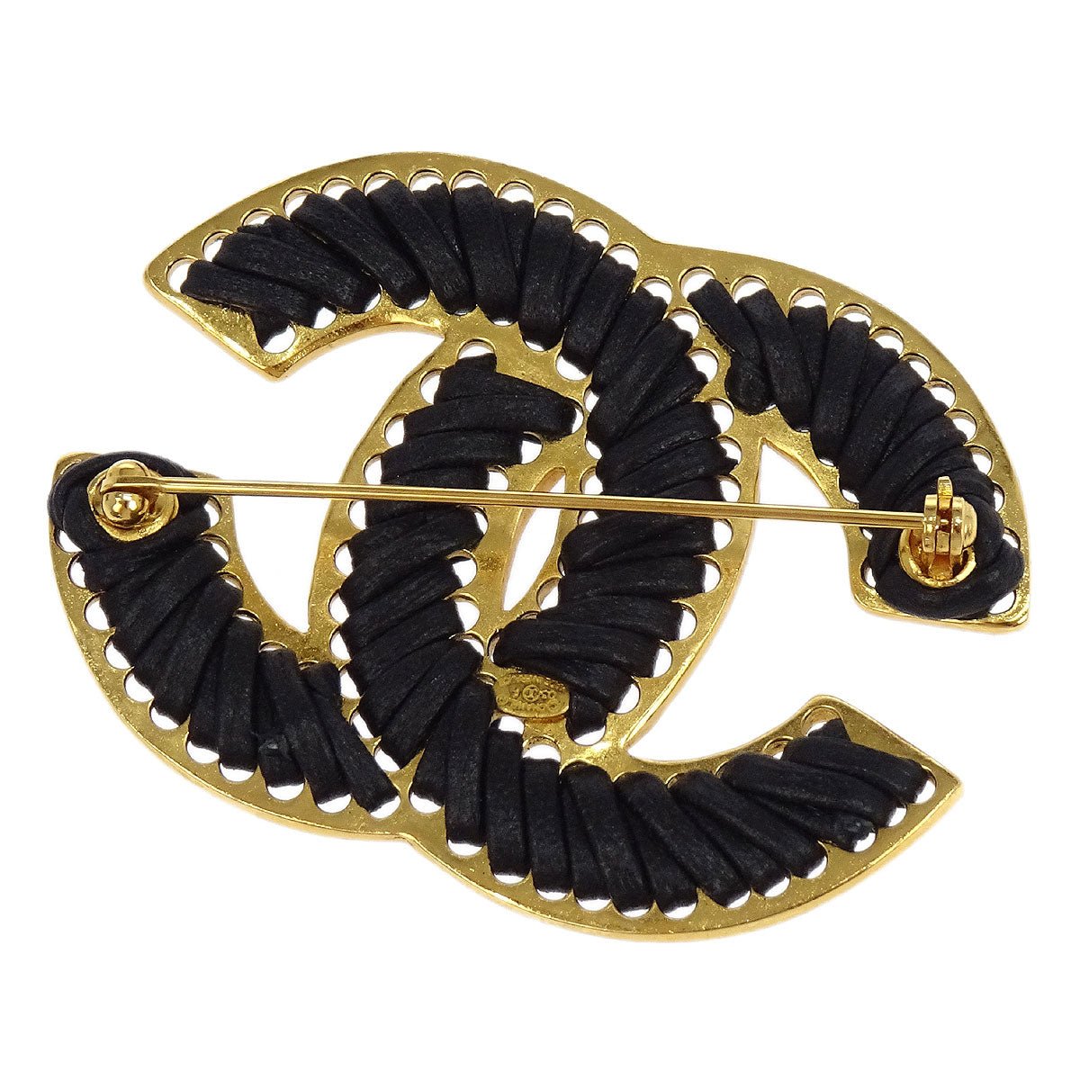 Chanel CC Brooch Pin Black Gold Leather 03P