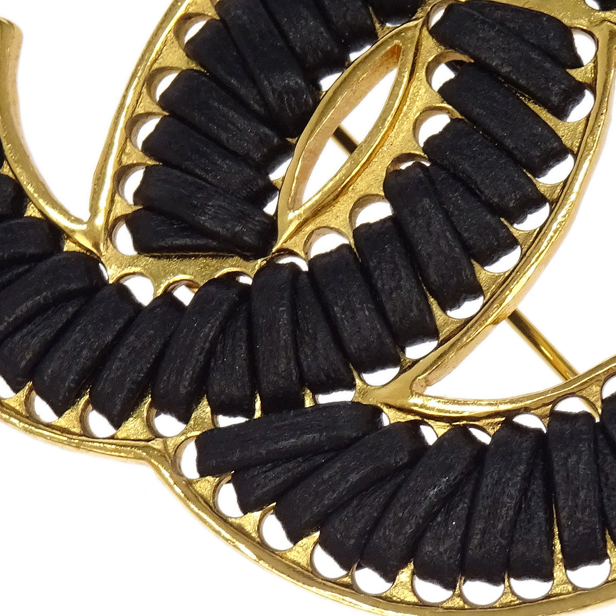 Chanel CC Brooch Pin Black Gold Leather 03P
