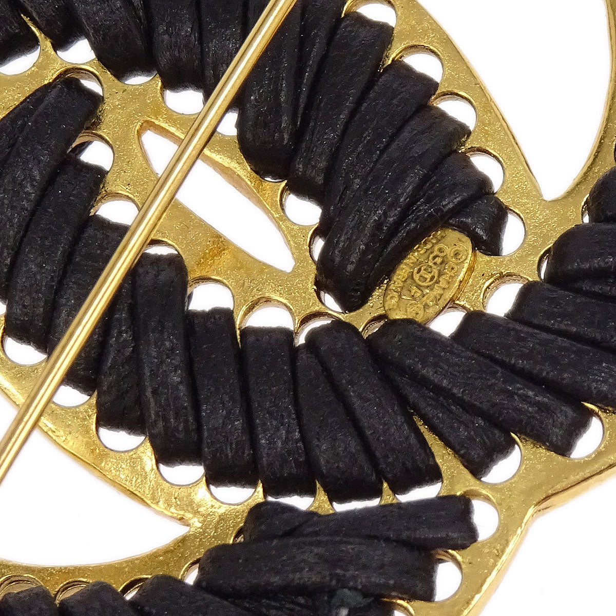 Chanel CC Brooch Pin Black Gold Leather 03P