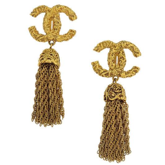 Chanel Fringe Charm CC Dangle Earrings Clip-On Gold 93A