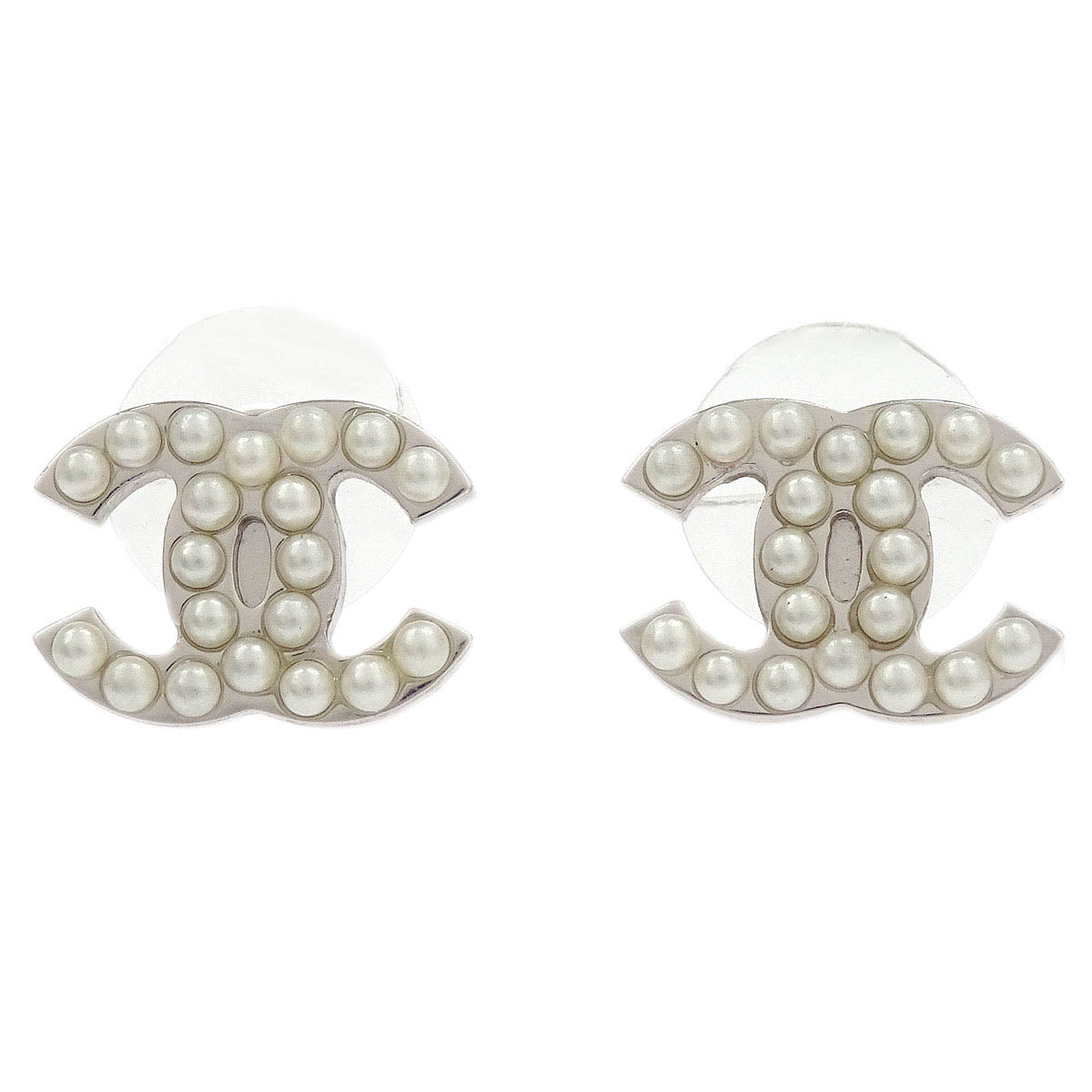 Chanel Piercing Earrings Silver CC Costume Pearl 05V