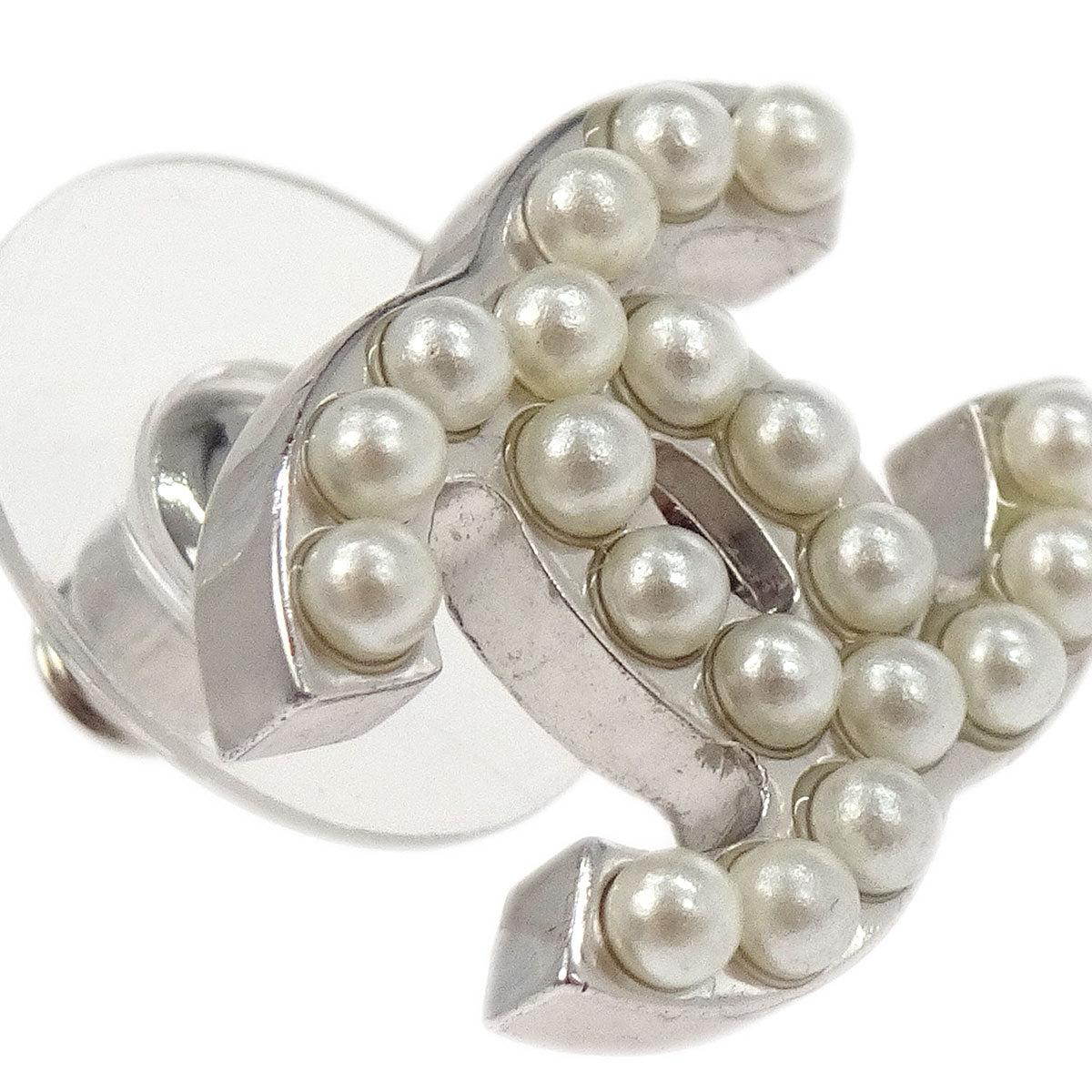 Chanel Piercing Earrings Silver CC Costume Pearl 05V