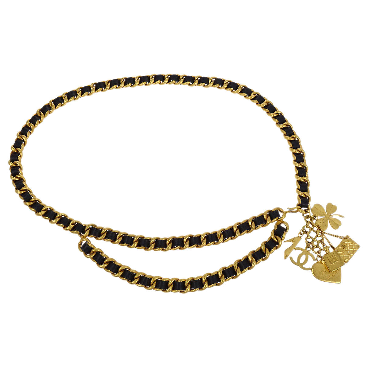 Chanel Icon Chain Belt Gold Black Leather 95A Small Good
