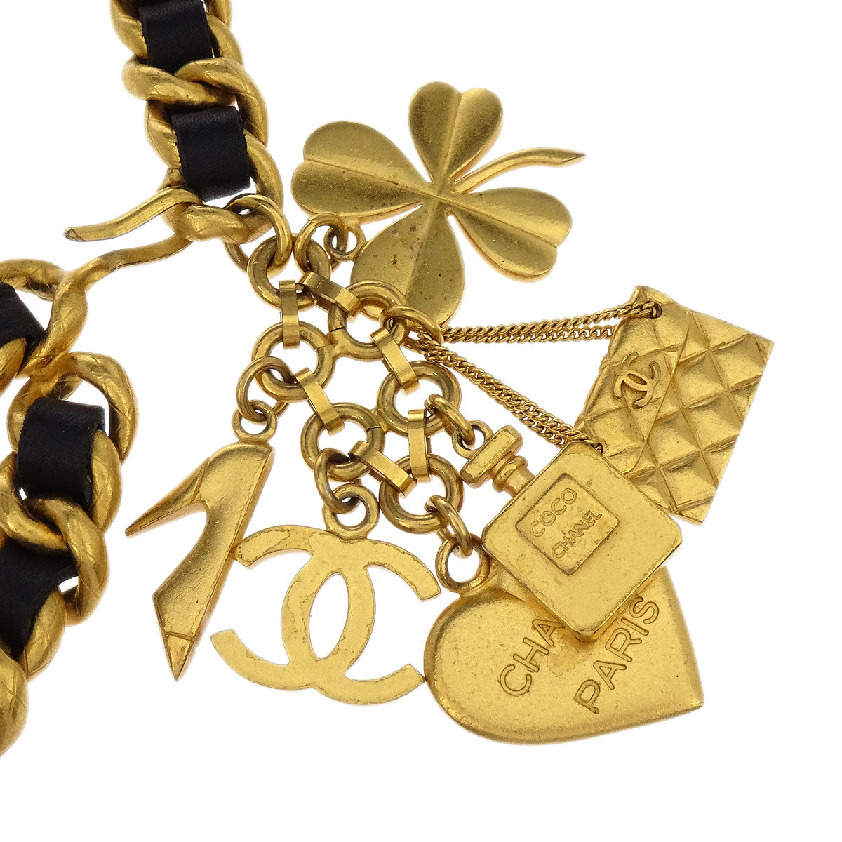 Chanel Icon Chain Belt Gold Black Leather 95A Small Good