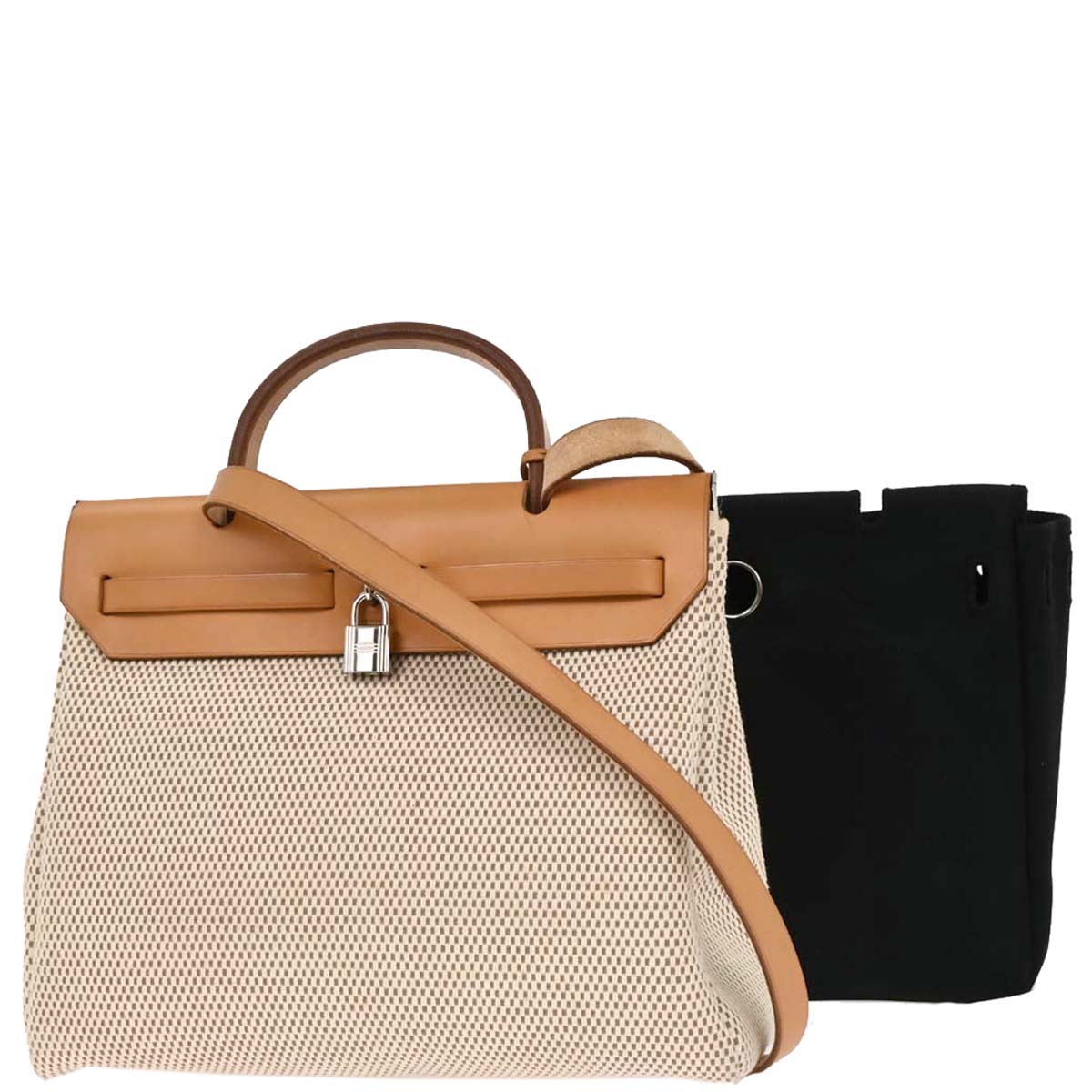 Hermes 2003 Natural Black Toile GM Officier Herbag PM 2 in 1 Handbag