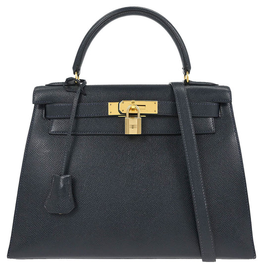 Hermes Blue Indigo Courchevel Kelly 28 Sellier 2way Shoulder Handbag