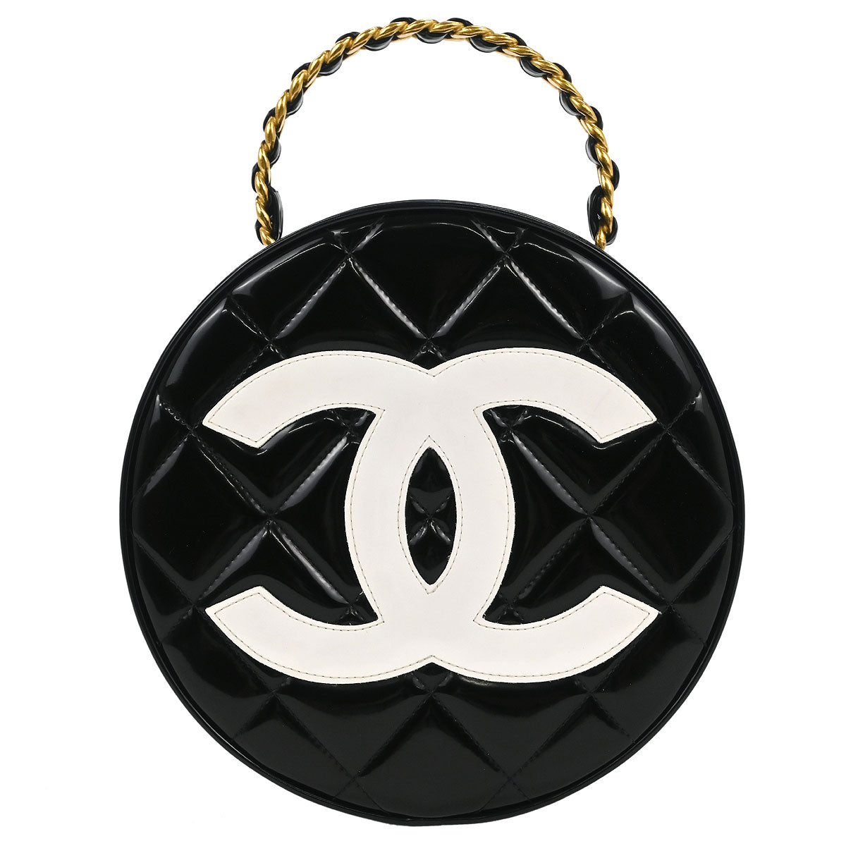 Chanel Black Patent Leather Round Vanity Handbag