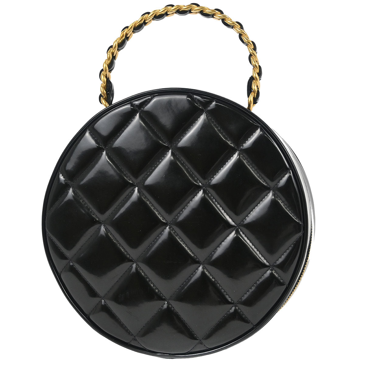 Chanel Black Patent Leather Round Vanity Handbag