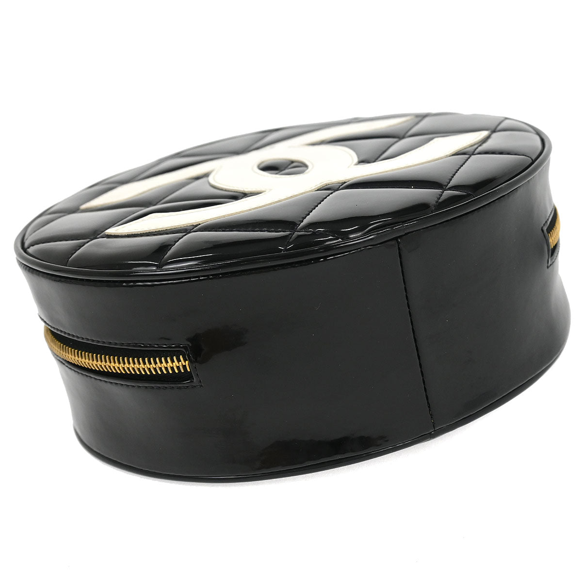 Chanel Black Patent Leather Round Vanity Handbag