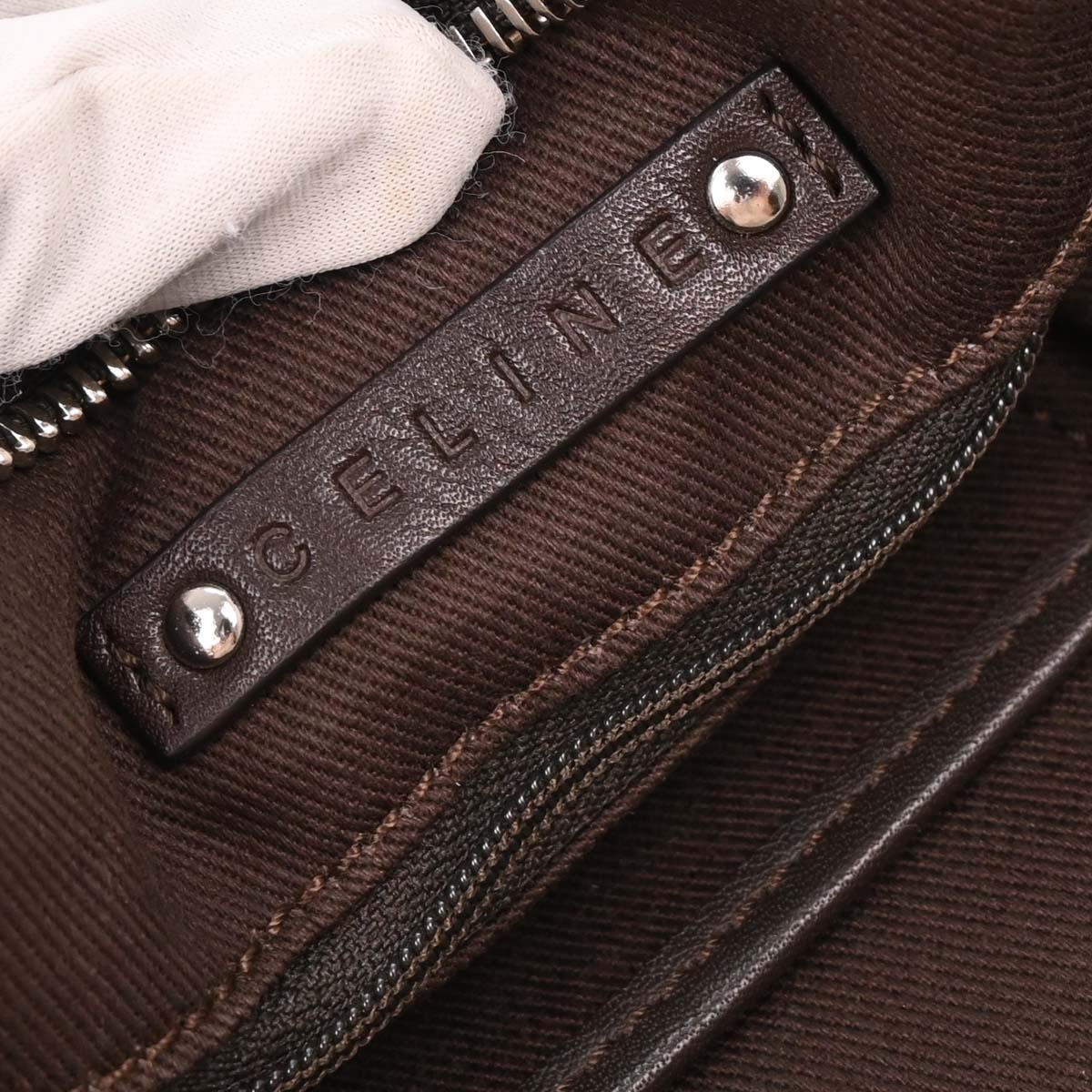 Celine Brown Canvas Embossed Leather Macadam Tote Handbag