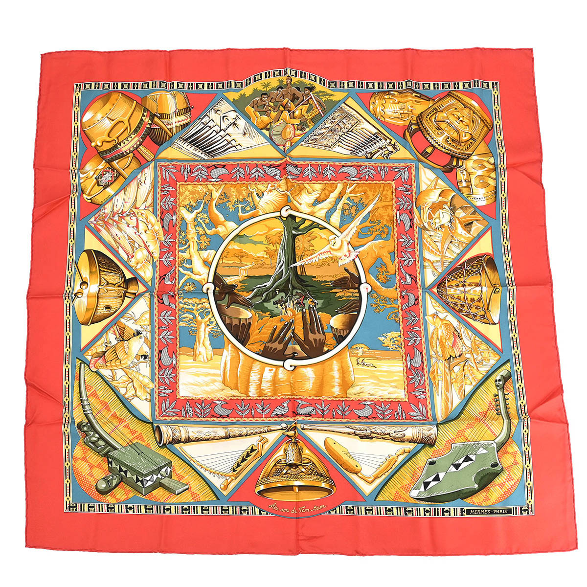 Hermes Scarf Carre 90 Au Son du Tam Tam Red Small Good