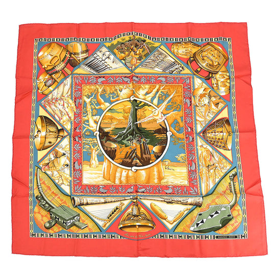 Hermes Scarf Carre 90 Au Son du Tam Tam Red Small Good
