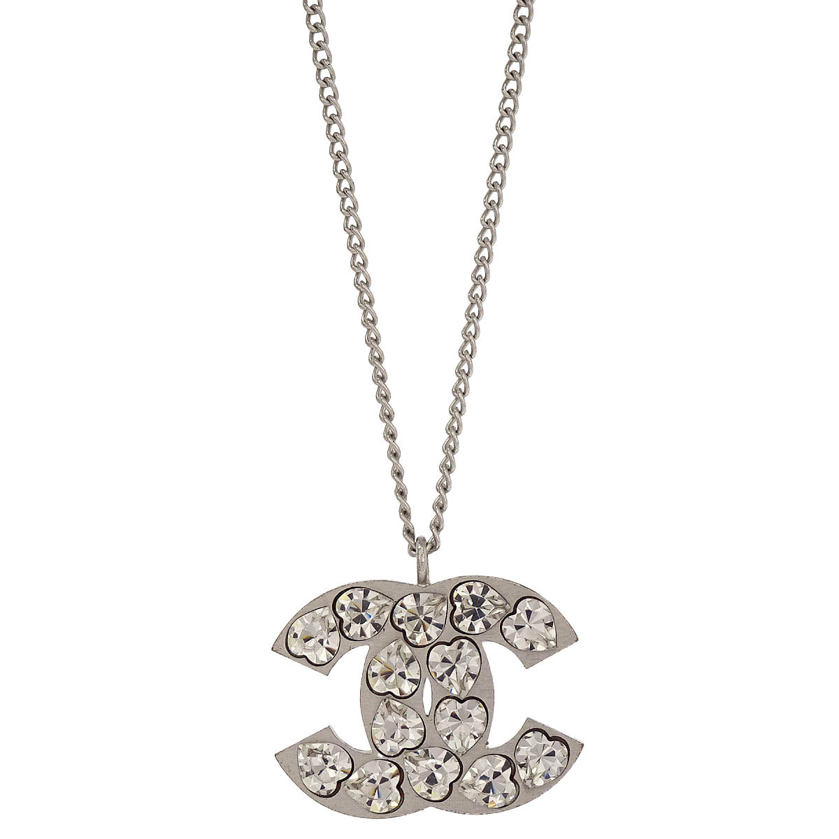 Chanel CC Chain Necklace Pendant Rhinestone Silver 04A