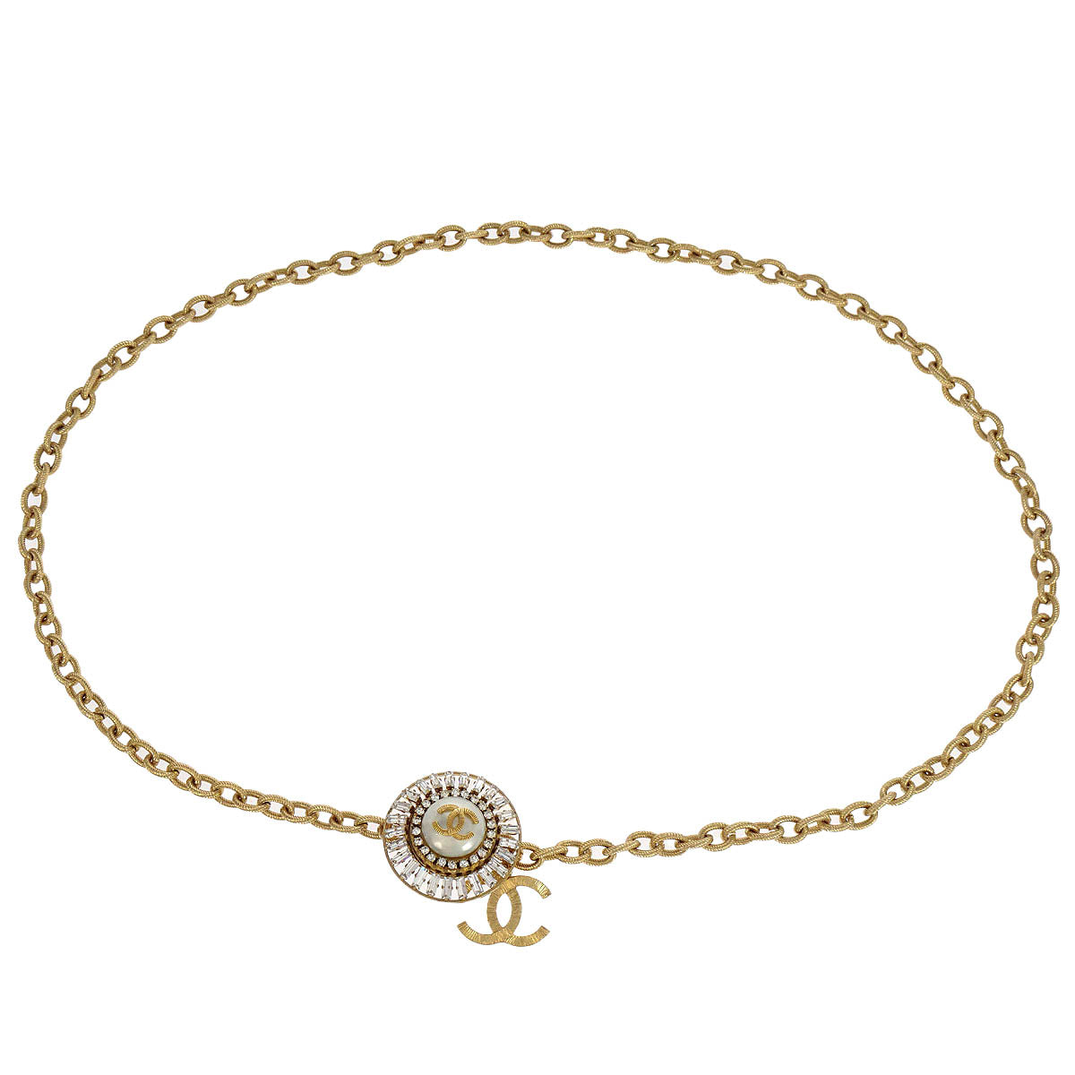 Chanel Chain Belt Gold Medallion Rhinestone Costume Pearl 07P Small Good