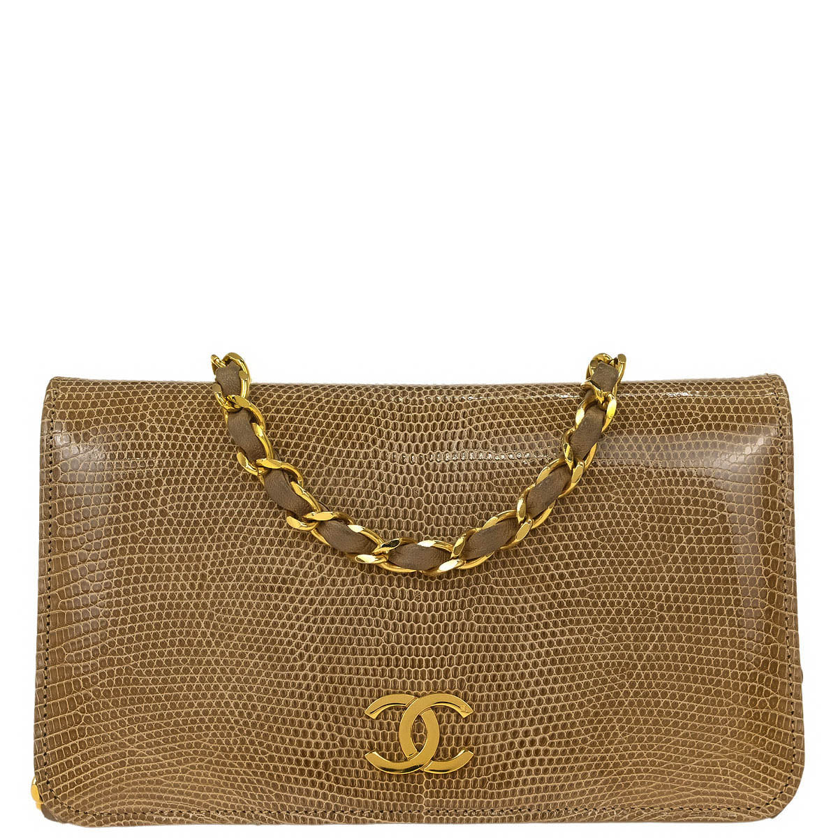 Chanel * Beige Lizard Pushlock Mini Full Flap Shoulder Bag